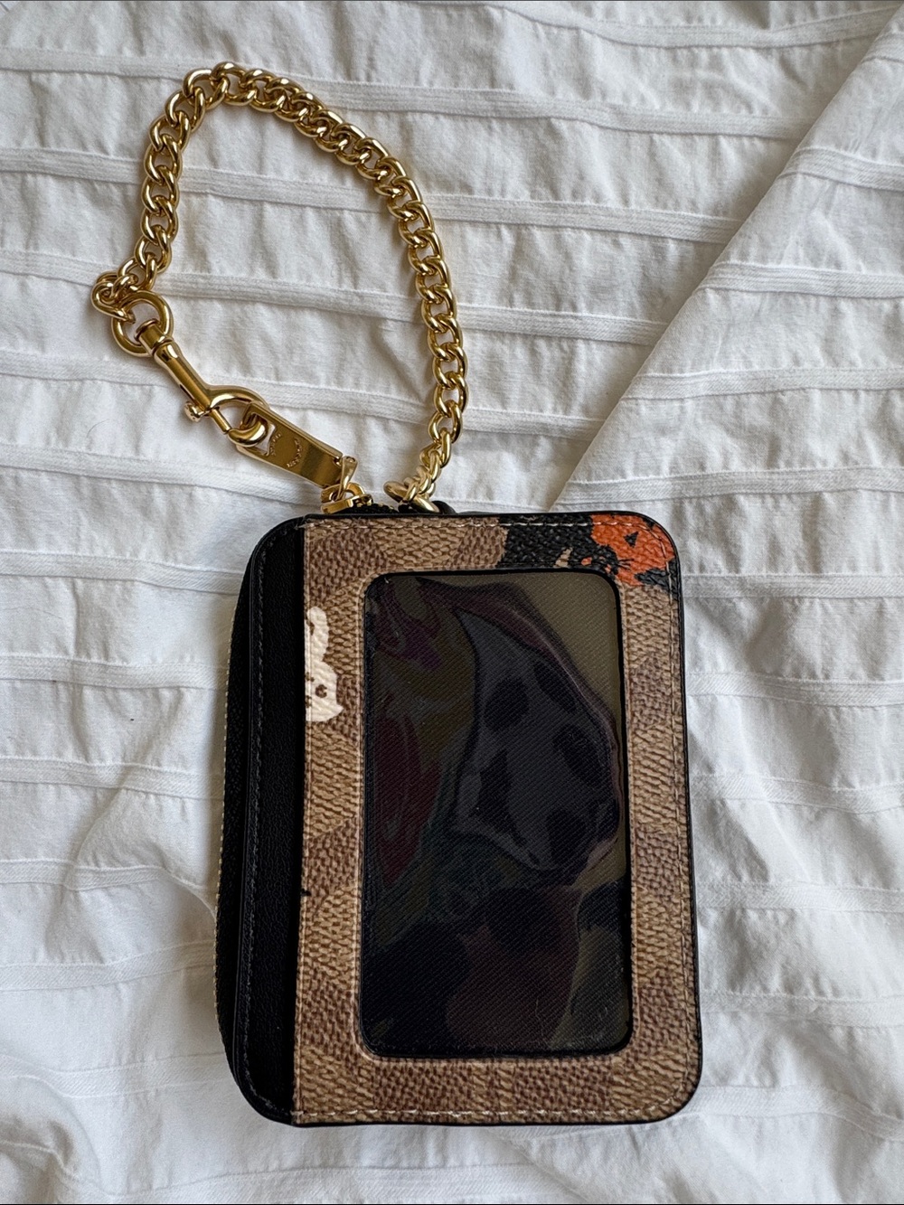 RARE Coach Brown Signature Canvas Card Case with Black Trim & Gold Chain - Picture 2 of 7